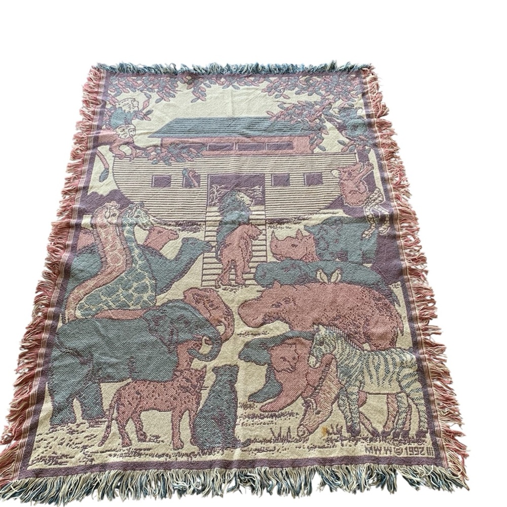Vintage Noah’s Ark Tapestry/Blanket with Fringe Border